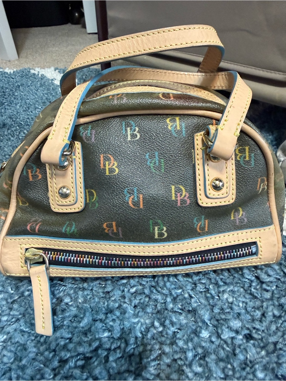 Vintage Dooney & Bourke Brown Satchel with Multicolor Logo Print and Tan Trim